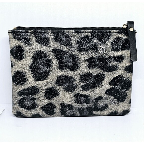 KATE SPADE Small Clutch Leopard Print Pebbled Leather Black Tan Zip Pouch - Picture 2 of 4